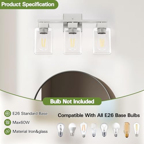 Brush Nickel Bathroom Vanity Light - 3 Light Bathroom Light Fixture Square Design & UL Certification & Square Bath Room Lights Fixture Over Mirror - color: Brush Nickel, size: 3 Light