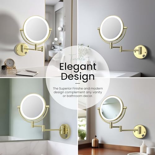 KIBI Circular Wall Mount Makeup Mirror with LED Lights, Dual-Sided 1x/5x Magnifying Mirror with Adjustable Arm, 360° Swivel, Solid Brass Construction for Durability and Style (Brushed Gold, KMM101) - color: Brushed Gold