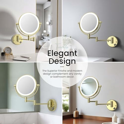 KIBI Circular Wall Mount Makeup Mirror with LED Lights, Dual-Sided 1x/5x Magnifying Mirror with Adjustable Arm, 360° Swivel, Solid Brass Construction for Durability and Style (Brushed Gold, KMM101) - color: Brushed Gold