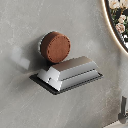 Soap Dish, Walnut and Stainless Steel, Soap Bar Holder for Shower Suction Cup Wall Mounted, No-Drilling Waterproof Sponge Holder (White)