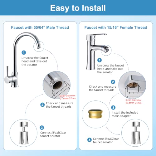 Faucet Aerator 4 Modes, 360° Swivel Faucet Sprayer Head Attachment, Chrome | NSF/ANSI/CAN 372 Certified, 55/64" Bathroom& Kitchen Sink Faucet Head, 2 Big-Angle Rotating Metal Joints, 15/16" Male Adapter - color: Chrome, style: 2 Swivel Joints