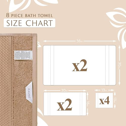MAURA Biege Bath Towel Set of 8 for Bathroom. Turkish Cotton Luxury Bath Towels. Extra Large, Thick, Plush & Soft. Hotel & Spa Quality - Brown - color: Classic Brown, size: 8-Piece Set (2 Bath, 2 Hand, 4 Washcloth)