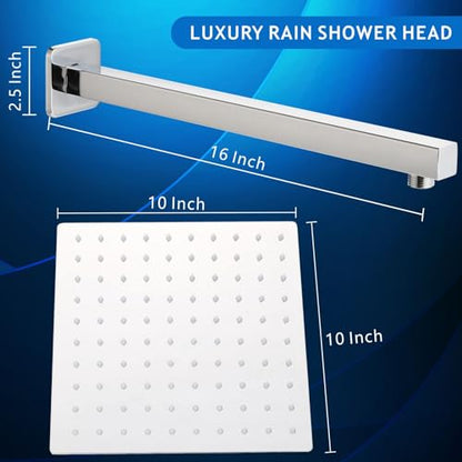 Voolan All Metal Shower Head with Extension Arm, Stainless Steel Waterfall Rainfall Showerheads, High Flow Bathroom Square Rain Shower Head (10’’ Shower Head with 16’’ Shower Arm, Chrome) - color: Chrome, size: 10’’ Shower Head with 16’’ Shower Arm