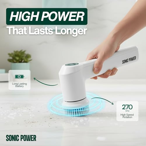SonicPower Electric Spin Scrubber – Handheld & Ergonomic, IPX7 Waterproof, 4 Multi-Purpose Brush Heads, Long-Lasting Rechargeable Battery – Cleans Dishes, Bathroom, Tile, Grout & Kitchen (White) | Hard, Corner, Scour, Sponge - color: White