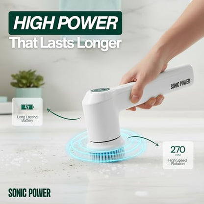 SonicPower Electric Spin Scrubber – Handheld & Ergonomic, IPX7 Waterproof, 4 Multi-Purpose Brush Heads, Long-Lasting Rechargeable Battery – Cleans Dishes, Bathroom, Tile, Grout & Kitchen (White) | Hard, Corner, Scour, Sponge - color: White
