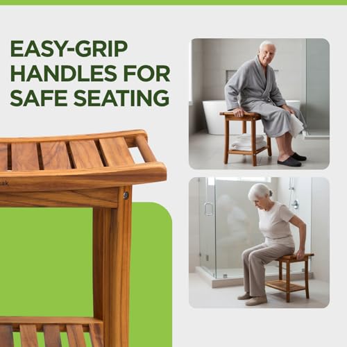 Premium 22" Teak Wood Shower Bench with Shelf, 2-Tier Waterproof | Teak Shower Stool, Non-Slip Feet for Enhanced Safety, Spa Bath Seat for Bathroom, Indoor & Outdoor Use, 300 lb Capacity