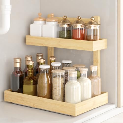 Bamboo Under Sink Organizer, 2-Tier Pull Out Cabinet Organizer | Kitchen Sink Organizer | Bathroom Cabinet Organizer | Cleaning Supply Storage | L-Shape | 3-Level Adjustable | Natural Bamboo - color: Nature, size: 1 Pack