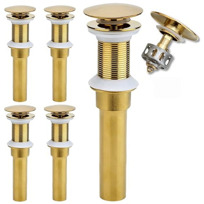 Rockgoya Bathroom Sink Drain, 5 Pack Gold Drain Stopper Bathroom Sink Without Overflow, Pop Up Drain Assembly with Detachable Strainer Basket, Built-in Anti-Clogging Strainer,Stainless Steel - color: Gold-5 Pack, style: Without Overflow