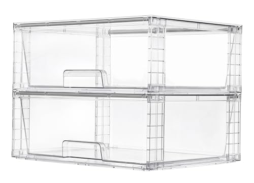 Vtopmart 2 Pack Large Clear Stackable Storage Drawers for Closet, Pantry | Easily Assemble Bathroom Undersink Organizers,Plastic Storage Bins for Cabinet,Kitchen Pantry Organization