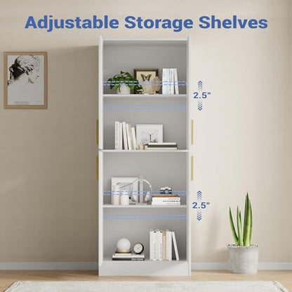 Housoul 71" Tall Pantry Cabinet with 4 Doors, Kitchen Pantry Storage Cabinet, Freestanding Larder Cupboard, Kitchen Hutch with Gold Handles for Dining Room, Bathroom, White - color: White