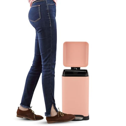 happimess Betty Retro Mini 3.2 Gal Step Trash Can, Flamingo Pink | Soft-Close Lid, Removable Liner, Iron, Hands-Free Pedal, Satin Finish, Non-Skid Base, Built-In Damper, Modern, Minimalistic - color: Flamingo Pink