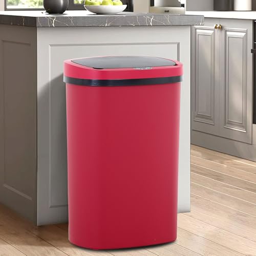 13 Gallon Trash Can,Soft Close Large Garbage Can with Lid,Automatic Indoor Smart Trashcans for Kitchen,Waterproof Trashcans for Kitchen,Touch-Free Trash Can,RED - color: Red, style: 1 piece
