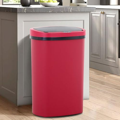 13 Gallon Trash Can,Soft Close Large Garbage Can with Lid,Automatic Indoor Smart Trashcans for Kitchen,Waterproof Trashcans for Kitchen,Touch-Free Trash Can,RED - color: Red, style: 1 piece