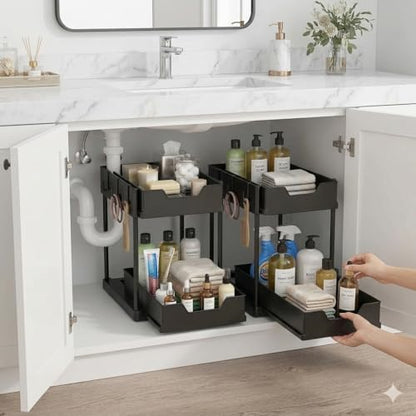 Set of 2 Under Sink Organizer, 2-Tier Black Plastic Storage Rack | Sliding Drawer, For Kitchen and Bathroom