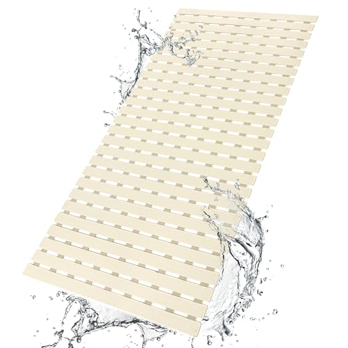 BEMISO Shower Mat Non Slip Bathtub Mat 37.4 x 15.7 Inch Bath Mat for Tub | Suction Cups,Drain Holes,Easy Dry,Easy to Cut,Eco-Friendly - color: Beige, size: 37.4 x 15.7 inches