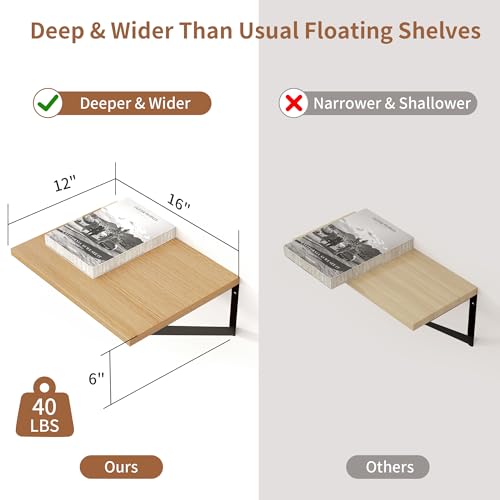 Deep Floating Shelves, 12 Inch Deep Rustic Oak Floating Wall Shelves Set of 2, 16W x 12D Large Floating Shelves Living Room Cleanning Room Laundry Room Garage - Oak with Black Brackets - color: Oak, size: 16W x 12D