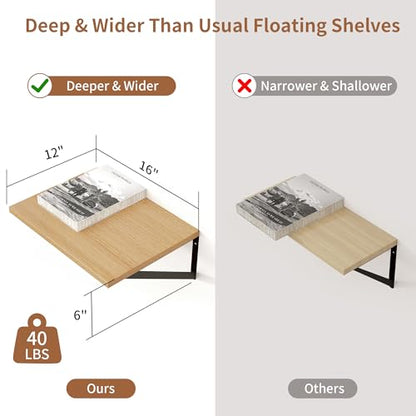 Deep Floating Shelves, 12 Inch Deep Rustic Oak Floating Wall Shelves Set of 2, 16W x 12D Large Floating Shelves Living Room Cleanning Room Laundry Room Garage - Oak with Black Brackets - color: Oak, size: 16W x 12D