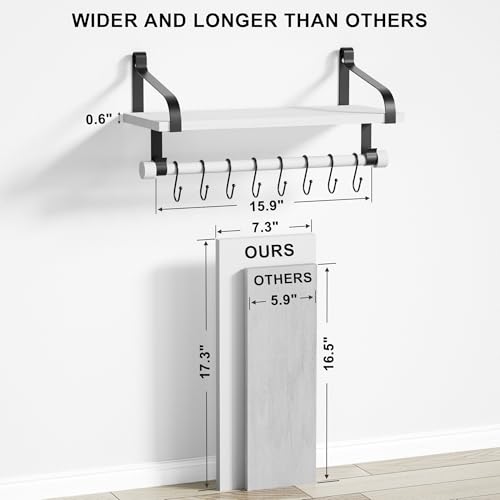 Love-KANKEI 17.3" Floating Wall Shelf Solid Wood/Bracket,Coffee Bar,White | Spice Rack,Towel Bar/8 Hooks,40 Lbs/shelf,Easy to Install,For Kitchen,Bathroom,Living Room,Bedroom,Office,Entryway Display - color: White