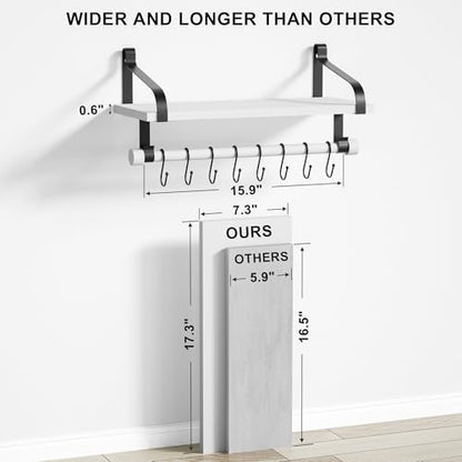Love-KANKEI 17.3" Floating Wall Shelf Solid Wood/Bracket,Coffee Bar,White | Spice Rack,Towel Bar/8 Hooks,40 Lbs/shelf,Easy to Install,For Kitchen,Bathroom,Living Room,Bedroom,Office,Entryway Display - color: White
