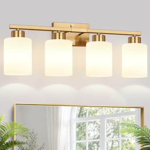 4-Light Bathroom Light Fixtures, Brushed Gold Vanity Light with Milky White Frosted Glass Shades, Modern Bathroom Vanity Light for Mirror, Bedroom, Hallway, or Living Room - color: Brushed Gold & Milk Glass, size: 4-light