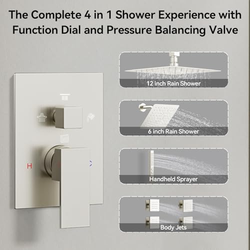 Brushed Nickel Shower System with Jets,Bostingner 4 Way Shower Faucet Set with 2 in1 Handheld,Ceiling Mount 12"+6" Rain Shower Head Wall Mounted, 4 Body Spray Jets Dual Head Shower Set - color: Brushed Nickel, size: 6+12 inch-01