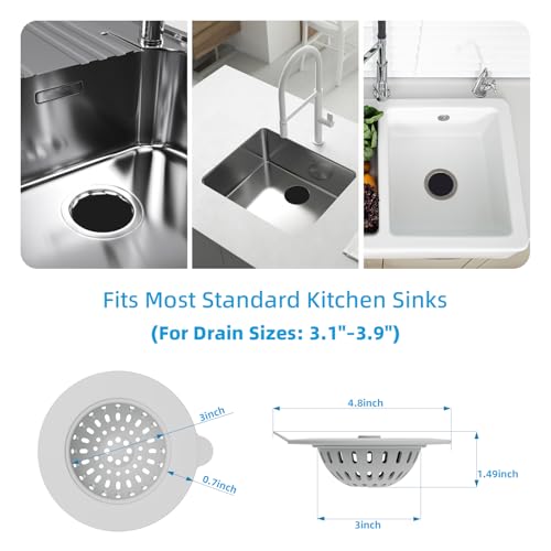 4 Pack Silicone Kitchen Sink Drain Catcher with Lid, 4.4" Top / 3" Mesh Basket, Grey Strainers for 3.1–3.9 Inch Openings, Anti-Clog Reusable Sink Stopper Covers, Odor-Proof & Easy to Clean