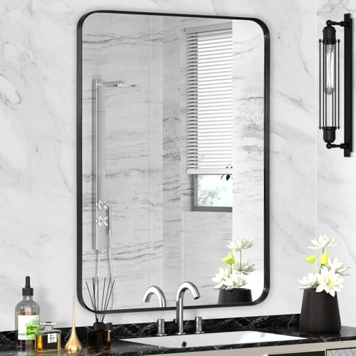 Black Bathroom Mirror 24x30in, Metal Framed Rounded Rectangle Wall | Tempered Glass, Anti-Rust Frame, Hangs Horizontal or Vertical, HD Reflection Clarity - color: Black, size: 30"L x 24"W, style: Rectangle