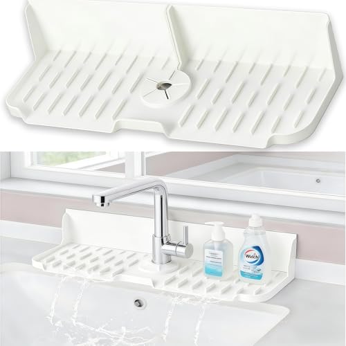 Sink Splash Guard Behind Faucet, 17" x 5.5" Silicone Faucet Drying Mat & Dish Sponge Holder, Fast Self-Draining Kitchen Sink Organizer with Adjustable Fit (White) - color: White