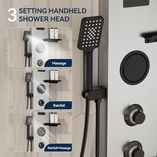 Homevacious 4 In 1 Shower Panel System with Shelf Brushed Nickel | LED Rain Shower Head Adjustable Massage Body Jets 3 Functions Handheld Head Tub Spout Stainless Steel - color: Brushed Nickel and Black, style: LED Shower Panel