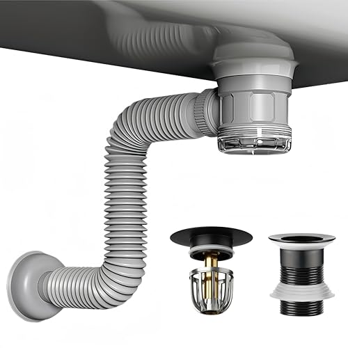 Bathroom Sink Drain Kit with Flexible Expandable Pipe: Odor-Free & Backflow-Preventing, Space-Saving Design without a P-trap, For 1-1/4'' & 1-1/2'' Drain Hole (Black, Without Overflow) - color: Black, size: Without Overflow