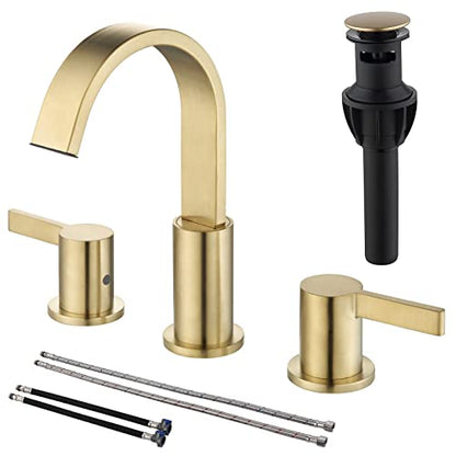 TRUSTMI 8 Inch Widespread Brushed Gold Bathroom Faucet 3 Hole 2 Handle Brass Vanity Sink Faucet with 360 Degree Swivel Spout, Overflow Drain and cUPC Waterlines - color: Brushed Gold