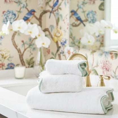 Lotus Linen Scallop Piping Towel Set of 6, 100% Zero Twist Cotton, 2 Bath, 2 Hand Towels, 2 Washcloths, Hanging Loops, Soft Absorbent Bathroom Essentials (Sage Green Piping, Towel Set (Pack of 6)) - color: Sage Green Piping, size: Towel Set (Pack of 6)