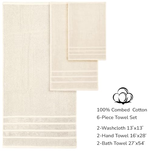 Feather & Stitch 100% Cotton 625 GSM Bath Towel Set of 6, Ultra Soft Highly Absorbent 2 Bath Towels, 2 Hand Towels & 2 Washcloth - Luxury Quick Dry Shower Towels (Ivory) - color: Ivory