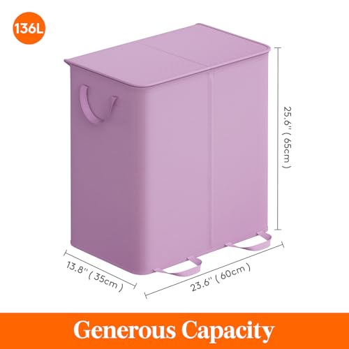 Lifewit Double Laundry Hamper with Lid and Removable Laundry Bags, Large Collapsible 2 Dividers Dirty Clothes Basket with Handles for Bedroom Laundry Room Closet Bathroom College, 136L Purple - color: Purple, size: 136L