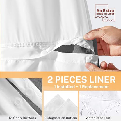 River Dream No Hooks Shower Curtain with 2 Snap in Liner, Gray, 71Wx74H | Waffle Weave, 1 Attached Snap in Liner and 1 Extra Replacement Liner, Bathroom Curtains Shower Set, Hotel Grade, Spa Like - color: Grey