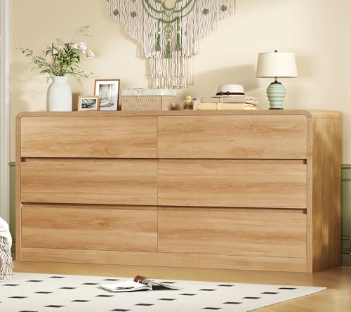 55" Dresser for Bedroom with 6 Drawers, Dressers & Chests of Drawers with Curved Profile Design, 6 Drawer Dresser, Bedroom Dressers, Wood Dressers for Bedroom, Hallway, Natural - color: Natural, 6 Drawers