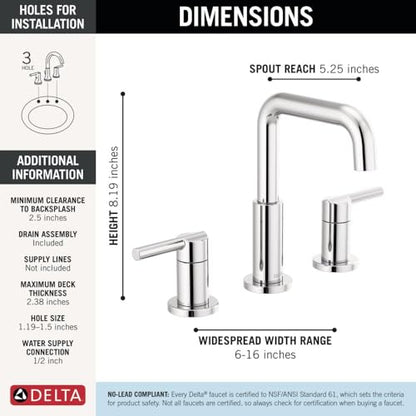 Delta Nicoli Chrome Faucet 3 Hole, 8 Inch Widespread Bathroom Sink Faucet for Vanity, Push-Pop Drain Assembly, Chrome 35849LF - color: Chrome