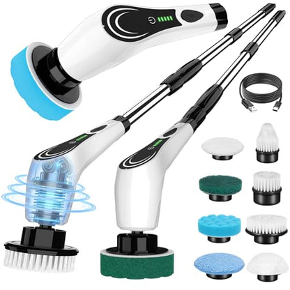 Cordless Electric Spin Scrubber, 8-in-1 Bathroom Cleaner | Bathroom scrubber, LED display, dual speeds, IPX7 waterproof, interchangeable heads for grout, tub, shower, wet-dry vacuum - size: 8heads