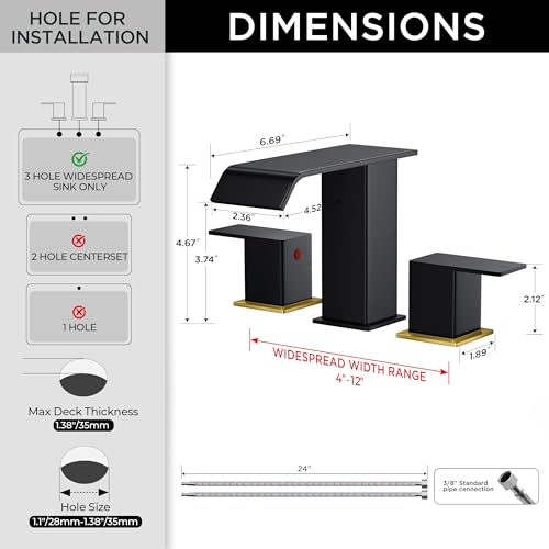 FORIOUS Bathroom Faucet 3 Hole,8 Inch Widespread Sink Faucet Black and Gold | 3-hole 4-12 Inch Widespread Sink, Square Waterfall Spout, with Drain and Hoses,for Vanity Rv Commercial Lavatory Restroom - color: Black and Gold