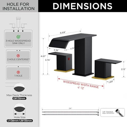 FORIOUS Bathroom Faucet 3 Hole,8 Inch Widespread Sink Faucet Black and Gold | 3-hole 4-12 Inch Widespread Sink, Square Waterfall Spout, with Drain and Hoses,for Vanity Rv Commercial Lavatory Restroom - color: Black and Gold