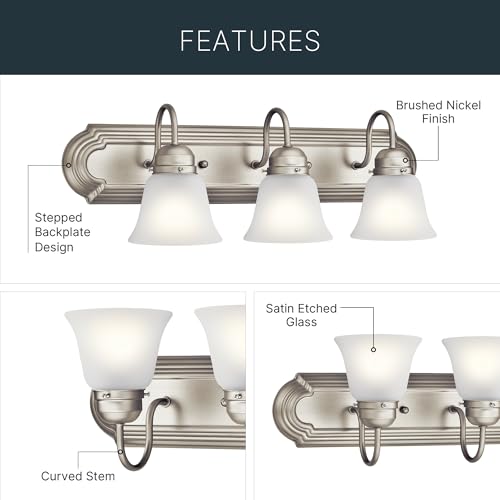 Kichler 24" 3-Light Vanity Bath Light in Brushed Nickel, Modern Bathroom Light with Clear Satin Etched Glass, (24" W x 8" H), 5337NIS - color: Brushed Nickel, size: 24"