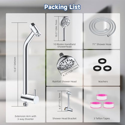 All Metal Dual Shower Head Easy Reach, High Pressure 10-Spray Handheld & Rainfall Shower Head Combo with Shower Extension Arm, 71" Hose, 3-way Diverter, Brass Shower Bracket, Chrome - color: Chrome, style: 5" Showerhead