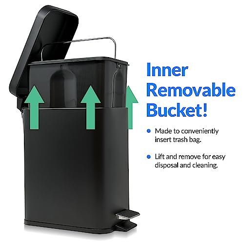 Reli. Small Trash Can with Lid, 1.3 Gal (5L) | Small Bathroom Trash Can | Stainless Steel, Black (Matte) | Step Pedal Garbage Bin with Removable Bucket, Kitchen