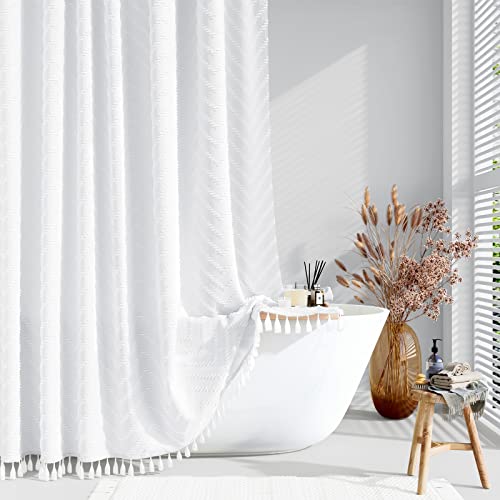 Dynamene Stall Boho Farmhouse Shower Curtain Tufted Chevron 36"x72" White | Narrow Half Size, Elegant Tassel, Soft Lightweight Textured Fabric, Water Repellent, Washable, for Bathroom/Dorm 6 Hooks - color: A. White, size: 36"W x 72"L (Pack of 1)
