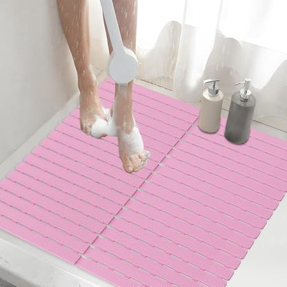 Shower Mat Non-Slip Bath Mat for Tub and Shower Stall,236 Suction Cups with Drain Holes, Quick Dry Machine Washable, Extra Grip for Stand Up Showers, Bathroom Essentials 24x24 Inch (Pink) - color: Pink