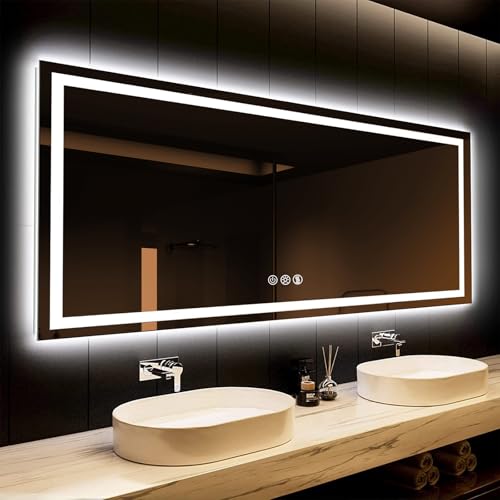 ROOMTEC 55x36 Inches LED Bathroom Mirror with Lights, Vanity Mirror with Front and Backlight, Smart Dimmable Anti-Fog LED Mirror for Bathroom, Memory Function, Tempered Glass (Horizontal) - size: 55"L x 36"W