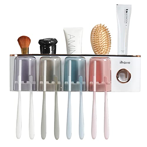 iHave Toothbrush Holders for Bathrooms Wall Mounted with Dispenser & 4 Cups | 12 Slots Wall Mount Toothbrush Holders for Bathrooms with Squeeze Toothpaste Dispenser, 4 Cups & 4 Compartments Organizer - color: White 4 Cups