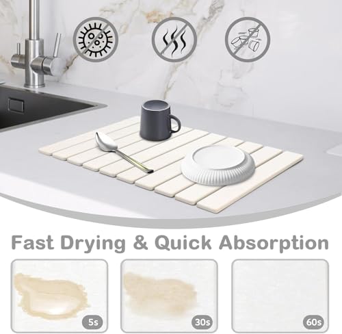 Large Stone Dish Drying Mat for Kitchen Counter, 24"(L)×16"(W), Collapsible Quick Drying Mat, Absorbent Eco-Friendly Diatomaceous Earth Mats for Dishes Bottles and Match Any Countertop【White】