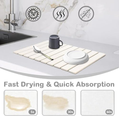 Large Stone Dish Drying Mat for Kitchen Counter, 24"(L)×16"(W), Collapsible Quick Drying Mat, Absorbent Eco-Friendly Diatomaceous Earth Mats for Dishes Bottles and Match Any Countertop【White】