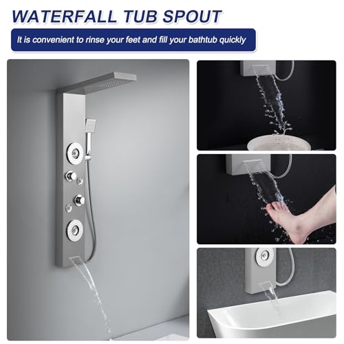 ROVATE 5 in 1 Rainfall Shower Panel Tower with Tub Spout, Brushed Finish | Stainless Steel Shower Column with 2-Setting Body Massage Jets, Flexible Handheld and Waterfall Tub Spout - color: Brushed Finish